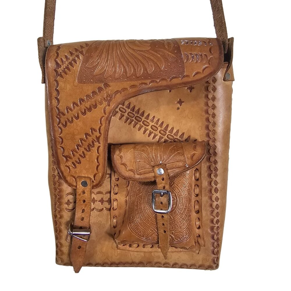 Vintage Hand Tooled Leather Crossbody Bag Southwestern Saddle Motif Adjustable